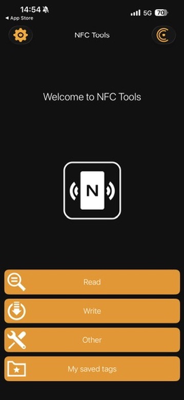 NFC Tools main screen with Read, Write, and Other buttons