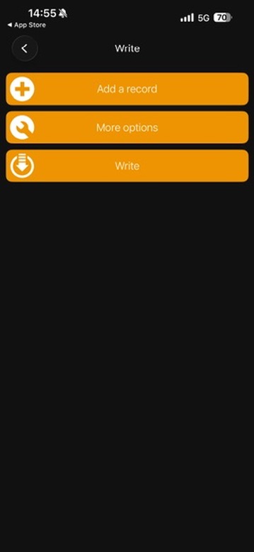 NFC Tools Write tab with Add a record button