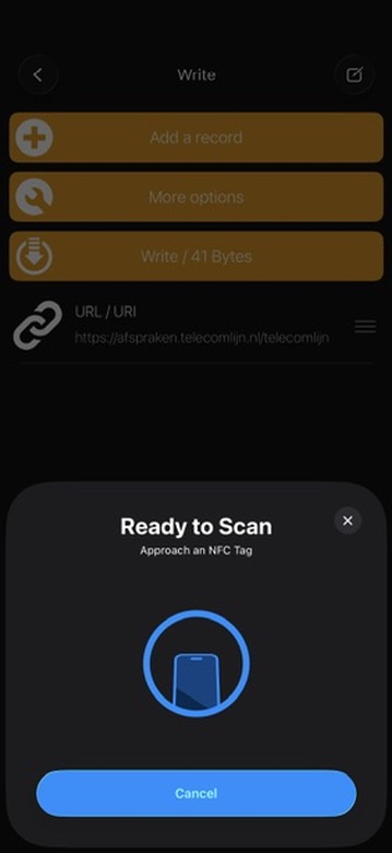 NFC Tools Ready to Scan dialog for writing to card